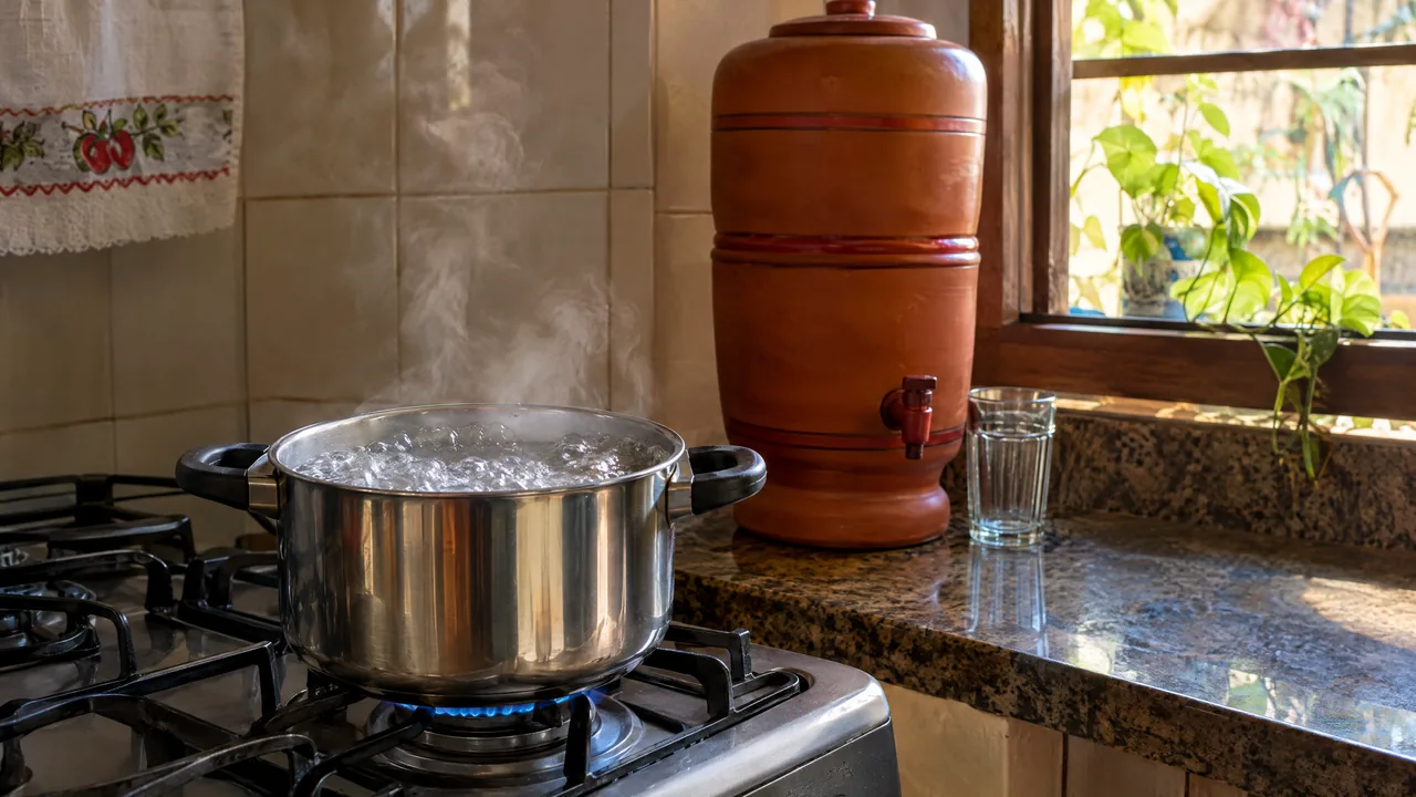 Água fervendo em panela no fogão a gás, ao lado de um filtro de barro