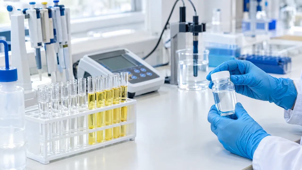 Técnica de laboratório segura frasco de amostra de água de poço ao lado dos tubos do teste de coliformes