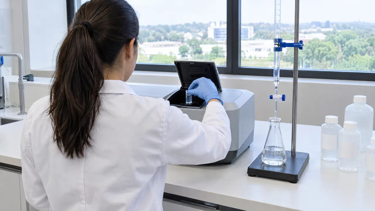 Técnica de laboratório, de costas, coloca uma cubeta com água de poço no espectrofotômetro para a análise físico-química