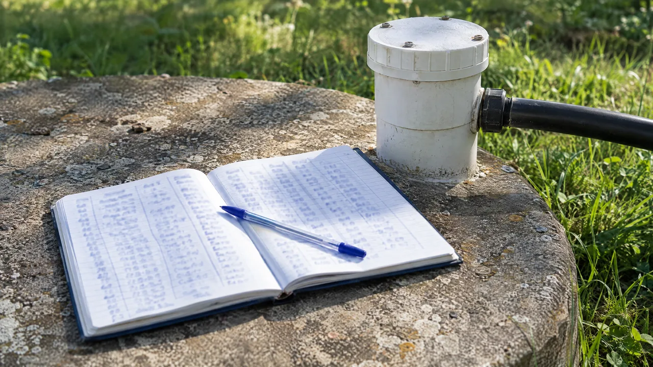 Caderno de registro do poço artesiano aberto sobre a laje de concreto, com colunas de anotações à mão e uma caneta