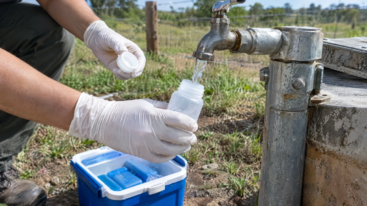 Coleta de amostra de água de poço em frasco estéril, com caixa térmica para levar ao laboratório
