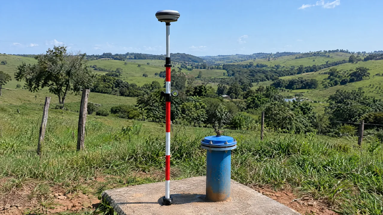 Receptor GNSS posicionado junto à boca do poço para registrar as coordenadas pedidas na outorga