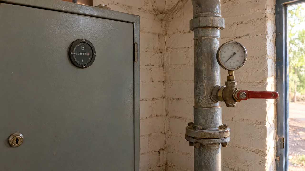 Horímetro na porta do quadro elétrico e manômetro na tubulação de saída do poço, dentro da casa de bomba