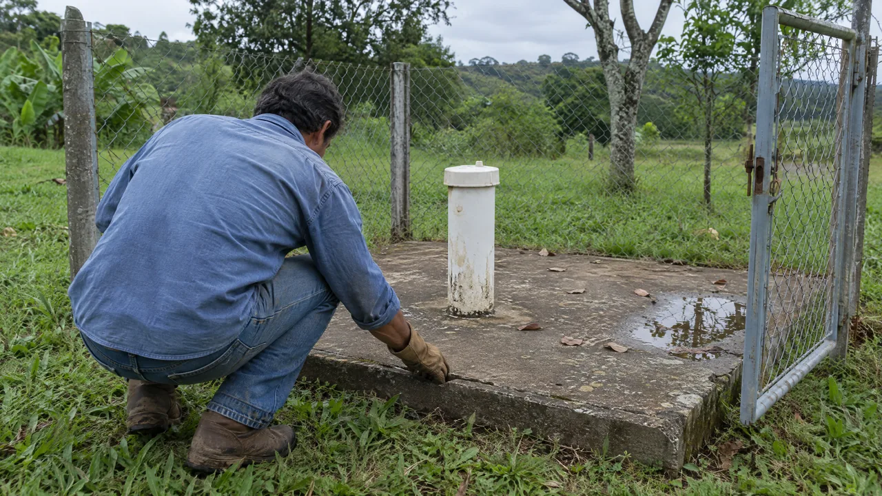 Pessoa de costas inspecionando uma fissura na laje de concreto ao lado da tampa do poço artesiano, dentro do cercado