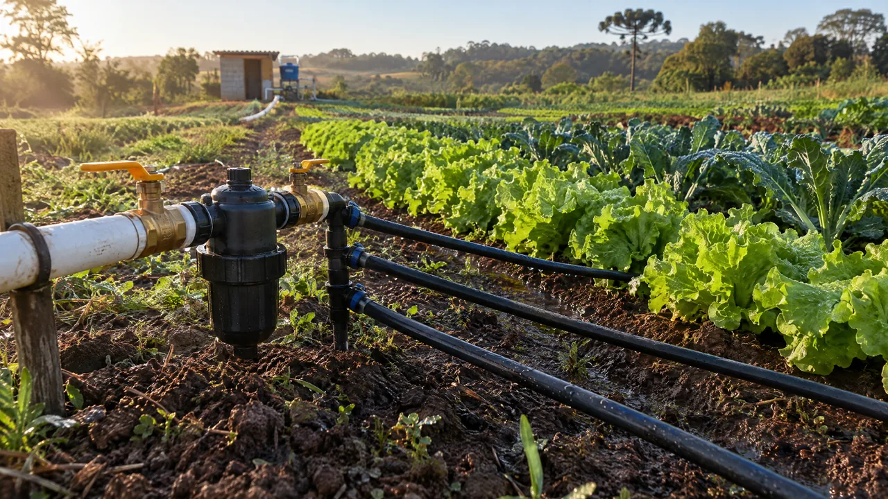 Irrigação por gotejamento numa plantação de hortaliças, com registros e filtro de disco no cano que vem do poço artesiano