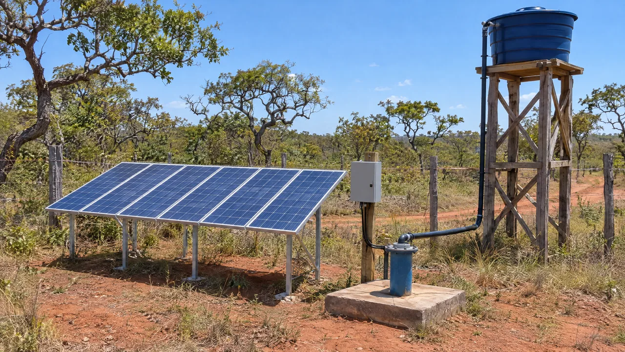 Kit de bombeamento solar com painéis fotovoltaicos, controlador e poço em um sítio