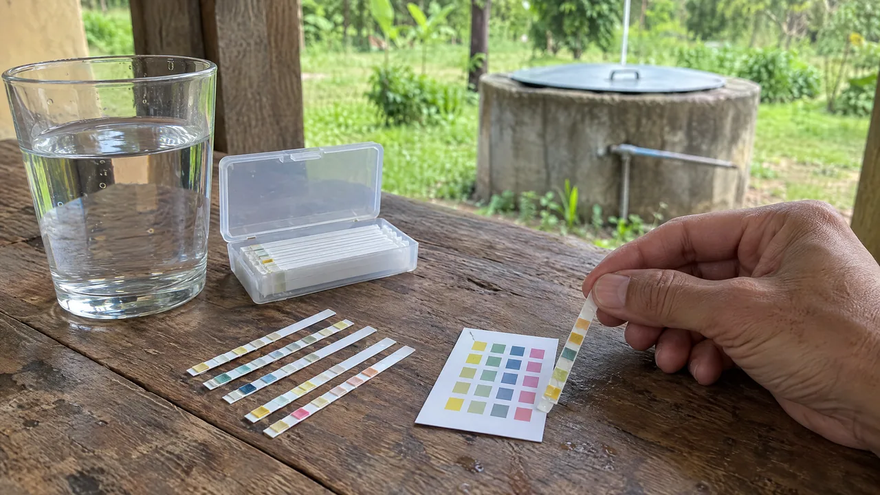 Kit de teste rápido com tiras reagentes e cartela de cores ao lado de um copo de água de poço