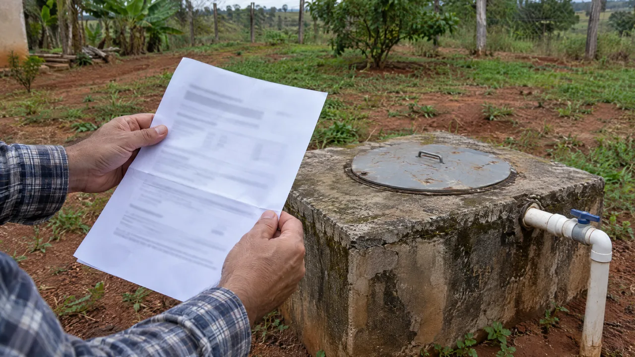 Mãos segurando o laudo dobrado da análise de água ao lado da laje de concreto do poço