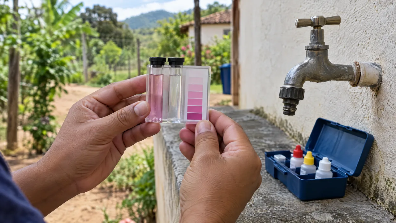 Kit de medição de cloro residual livre com tubo de amostra rosado ao lado da torneira abastecida pelo poço
