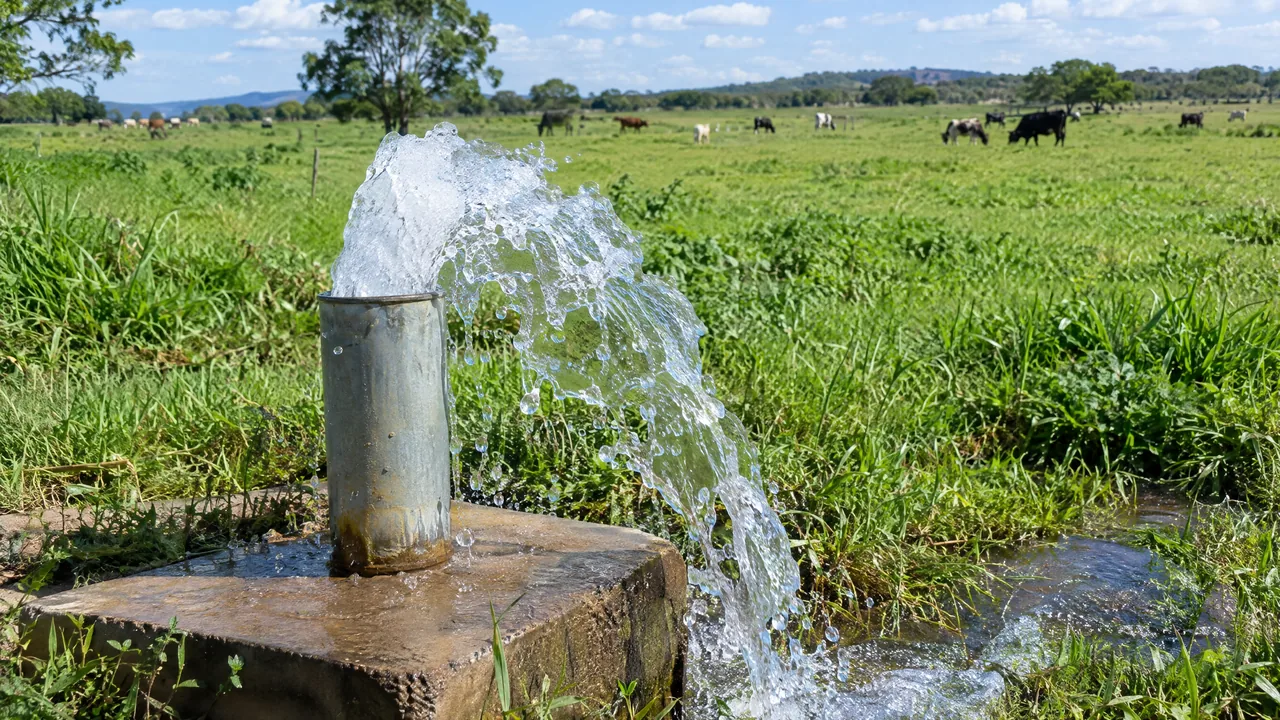 Poço jorrante em pasto: a pressão do aquífero confinado empurra a água para fora do tubo sem bomba