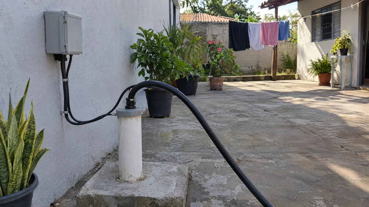 Poço semiartesiano em quintal urbano, com revestimento de PVC, mangueira e cabo da bomba submersa