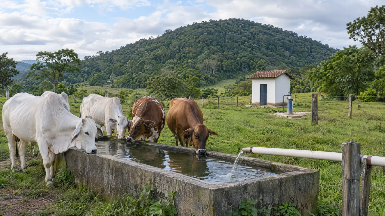 Gado bebendo em cocho de concreto abastecido por poço artesiano, com a casa de bomba e um morro com mata ao fundo