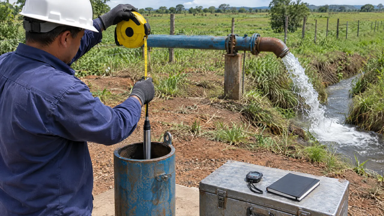 Técnico mede o nível da água com sonda elétrica durante o teste de vazão do poço